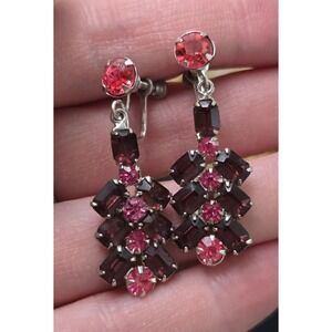 Pink and Burgundy Crystal Drop Earrings Screwback Green Glowers Silver Tone